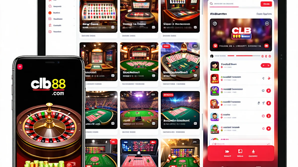 Hình ảnh điện thoại di động hiển thị giao diện ứng dụng clb88, 88clb.com với các trò chơi và tùy chọn cá cược, nhấn mạnh tính di động và tiện lợi