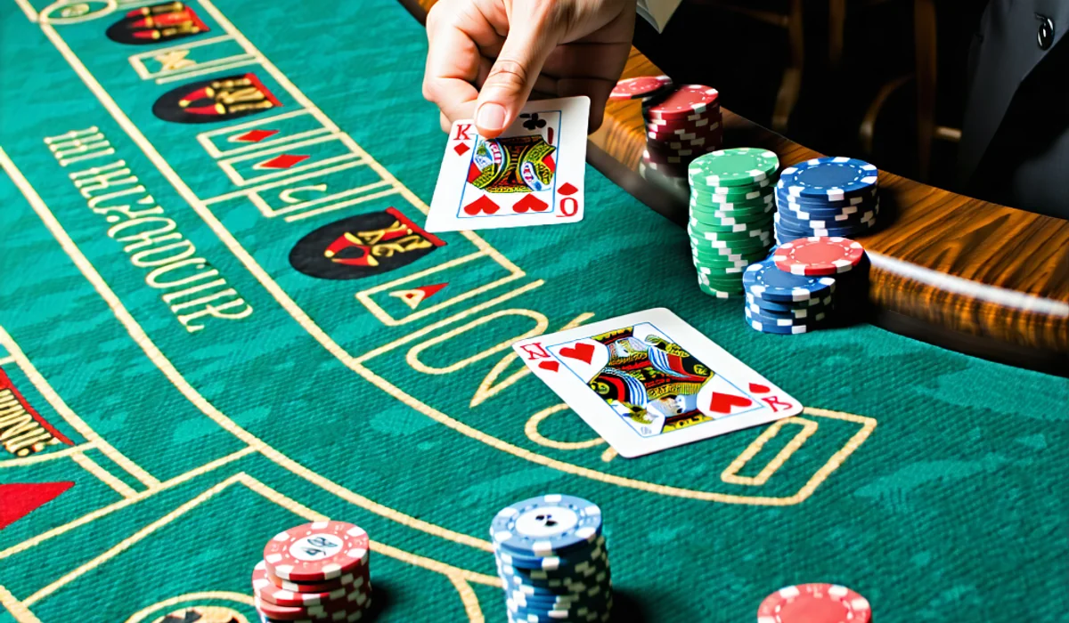 Cận cảnh bàn chơi Blackjack trực tiếp tại clb88 với người chia bài thật, chip và các lá bài, mang lại trải nghiệm sòng bạc đích thực.