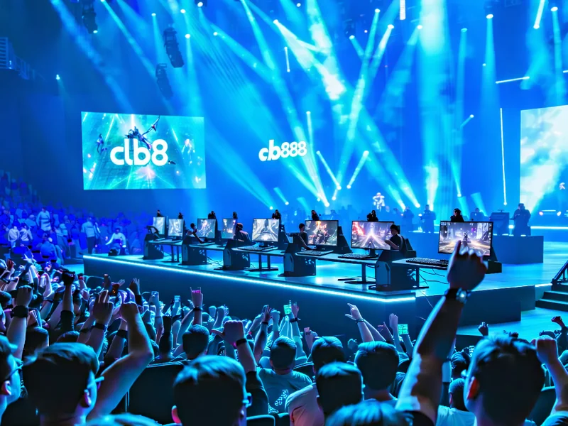 Một giải đấu thể thao điện tử lớn với khán giả đông đảo và màn hình hiển thị tỷ lệ cược clb88