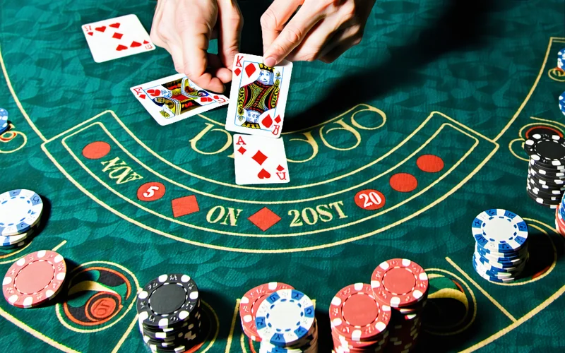 Hình ảnh bàn chơi Blackjack với các lá bài và chip, tập trung vào chiến lược đếm bài tại sòng bạc clb88, 88clb.com, 88clb88