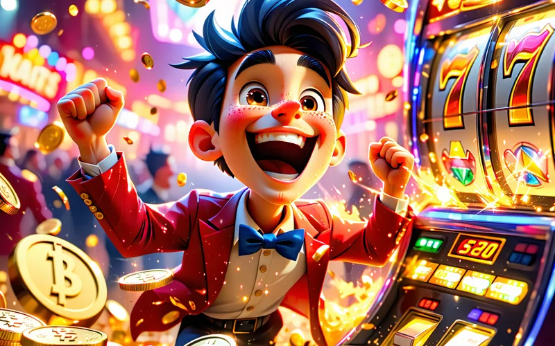 Hình ảnh một người chơi đang vui vẻ chiến thắng tại máy đánh bạc (slot machine) với tiền xu bay ra, thể hiện niềm vui giải trí tại clb88, 88clb.com, 88clb88