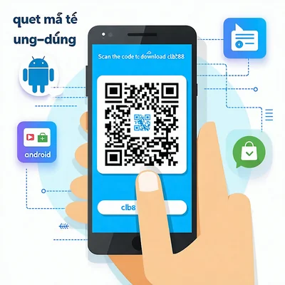 Mã QR để tải ứng dụng clb88, đặt cạnh một điện thoại Android đang quét mã