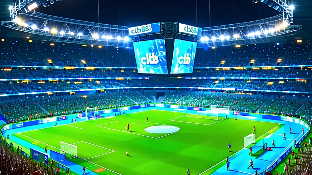 Hình ảnh sân vận động lớn với các biểu tượng cá cược thể thao, thể hiện sự sôi động của cá cược thể thao clb88, 88clb.com